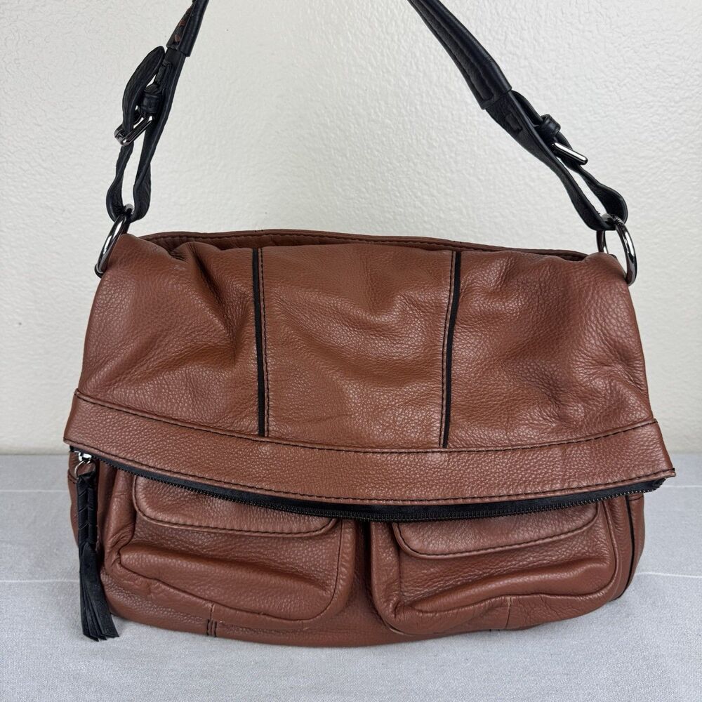 orYANY Foldover Pebbled Leather Satchel Hobo Shoulder Bag Cognac Brown Large
